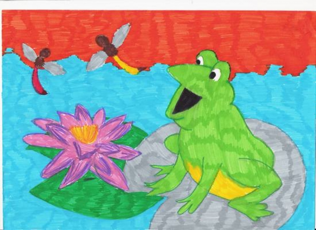 Talismans. 4. klases skolnieces Elīnas Lobačas zīmētā vardīte Frenks.