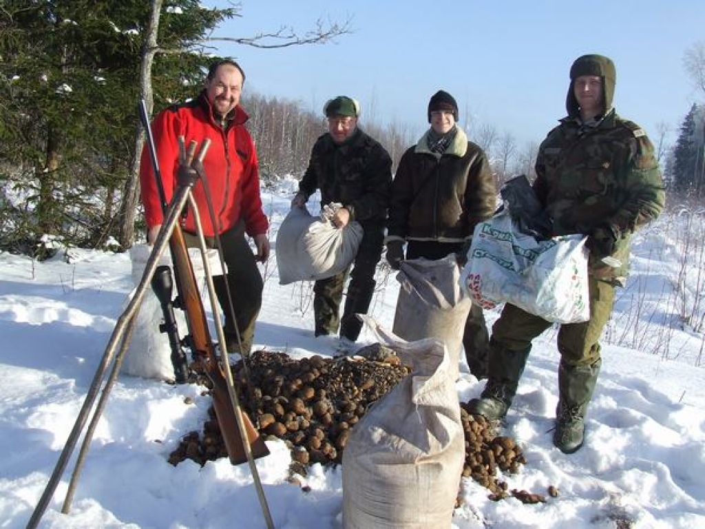 LABU APETĪTI! “Torti” meža zvēriem gatavo mednieku kluba “Ķepainis”  mednieki Austris Matušonos, Ēriks Ladušovs, viņa mazdēls Agris Ladušovs un Armands Čumskis.  