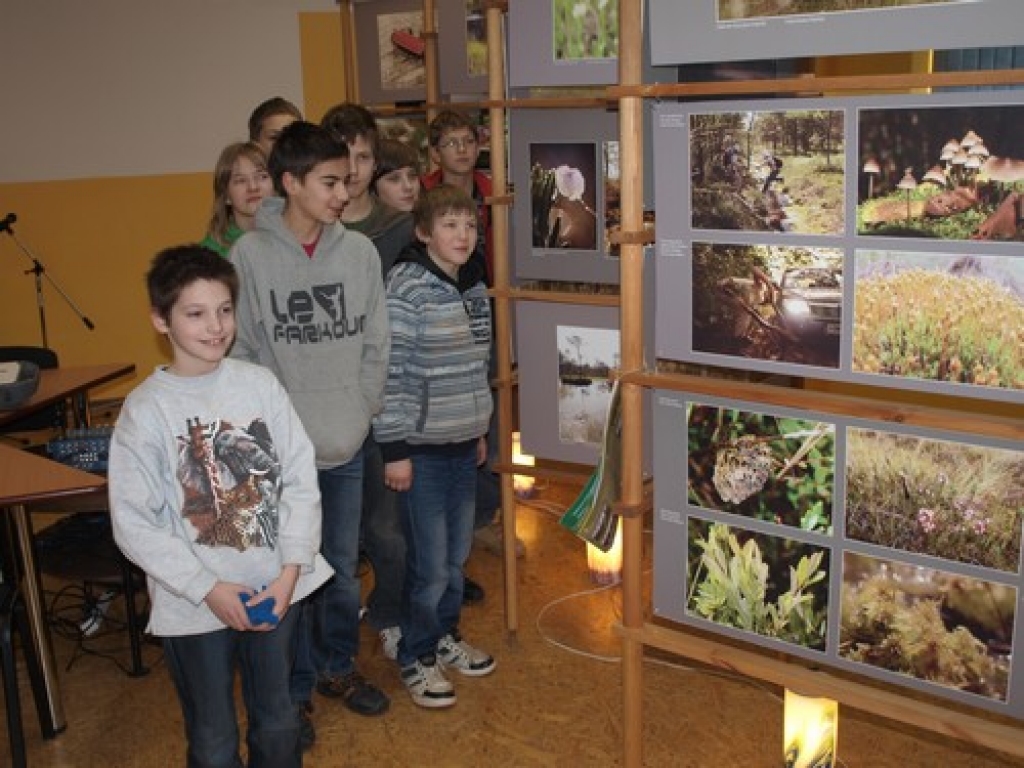 INTERESANTI. Daudzeses pamatskolas 6. klases skolēni ar interesi aplūko purvos uzņemtās fotogrāfijas. 
