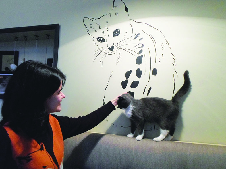 PASPĒLĒSIMIES? Kafejnīcas apmeklētāja aicina minci parotaļāties.  