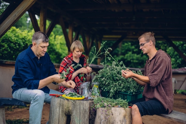 Raidījuma “Ēdiena daba” vadītāji Ingmārs Ladigs (no kreisās), Krista Baumane un “Ragāru” saimnieks Jānis Vaivars vāca un gatavoja augus, no kuriem pavārs vēlāk vārīja neparastu, bet ļoti gardu zupu.                                                                                                    
Autors: Kaspars Teilāns