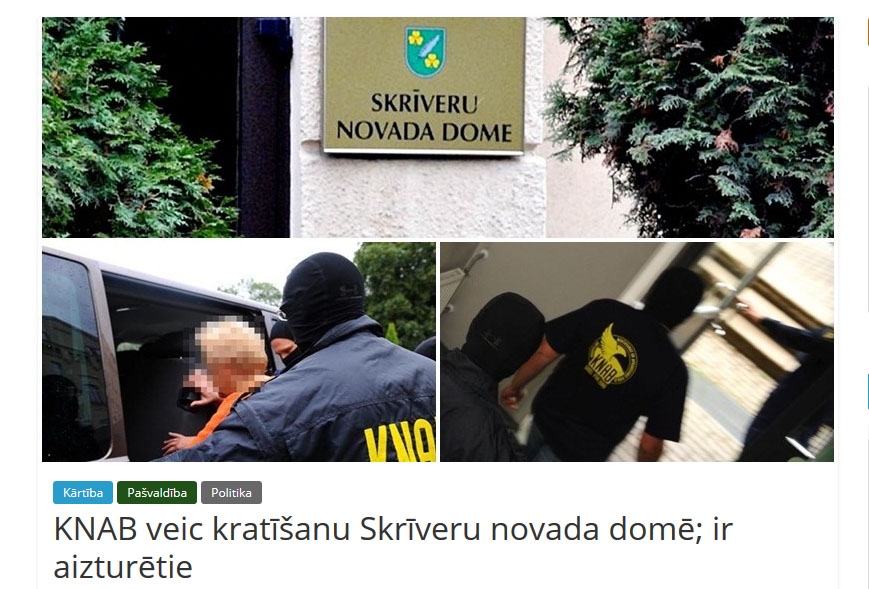 Ekrānbilde. Policija izvērtēs, vai 1. aprīlī portālā snz.lv (“Skrīveru novada ziņas”)  publicētais raksts “KNAB veic kratīšanu Skrīveru novada domē; ir aizturētie” ir joks vai huligānisms.