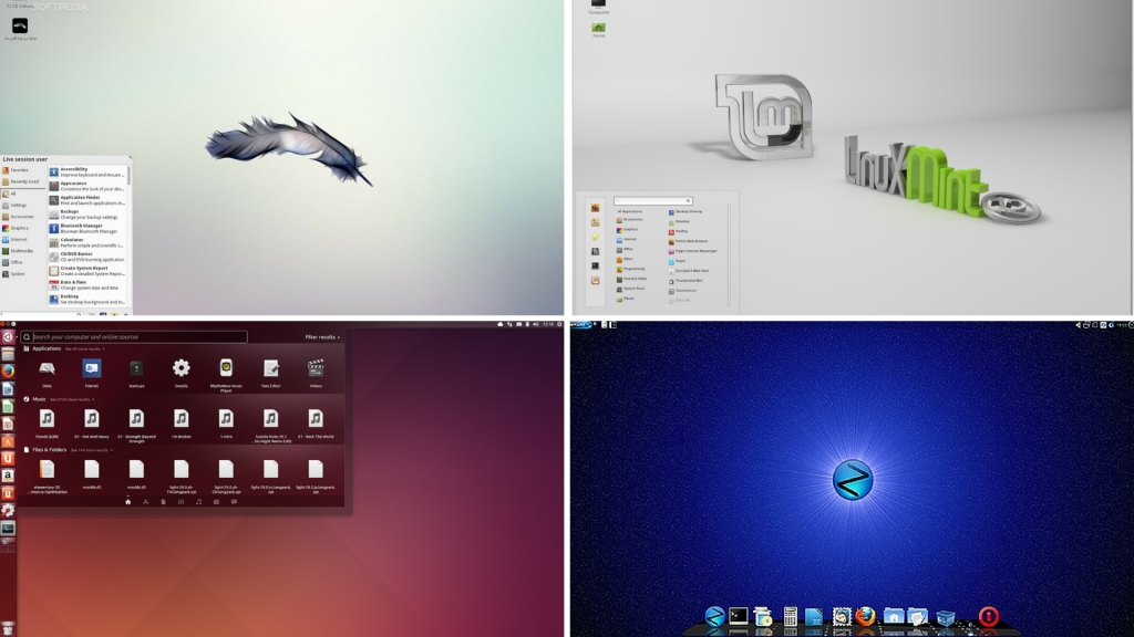 Četru rakstā pieminēto distribūciju “Linux” vidē darba virsmas attēli. “Linux Lite” (kreisā pusē augšā), “Linux Mint”, “Ubuntu” (kreisā pusē apakšā) un “Zorin”. 