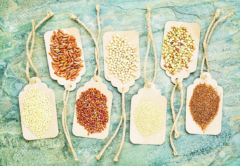 Graudaugi, kas nesatur glutēnu: kvinoja, sorgo, brūnie rīsi, tefs, griķi, amarants un prosa.                                            
Autors: no www.123rf.com