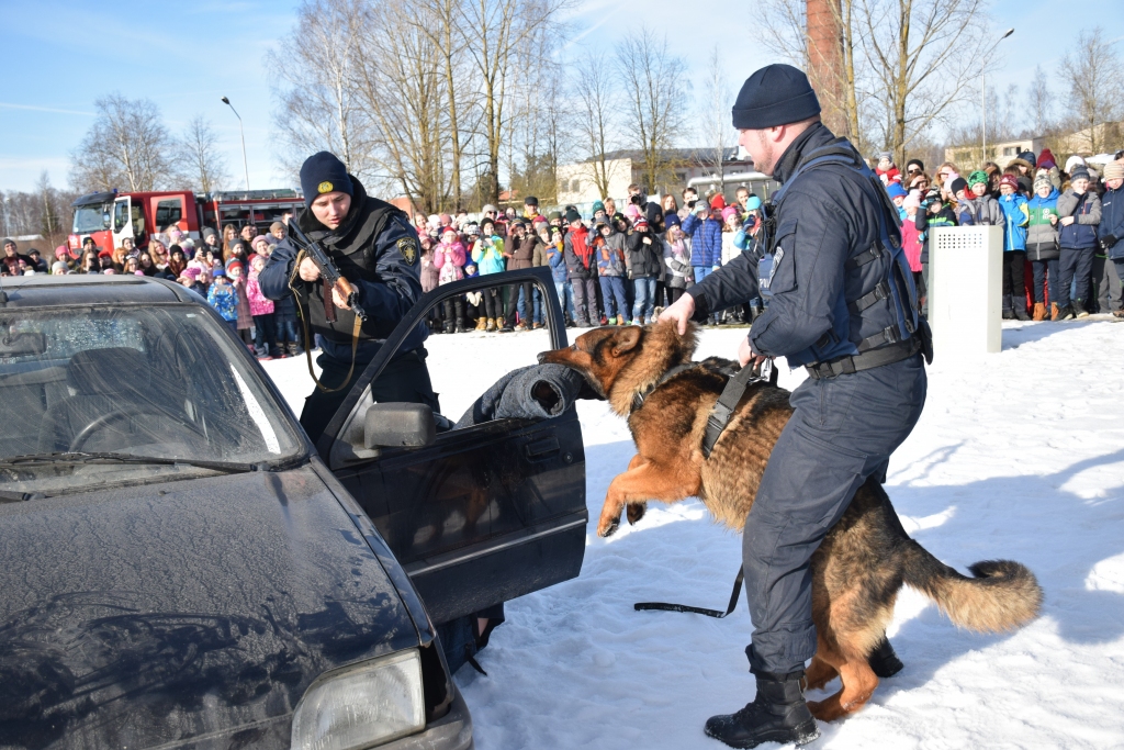 SUŅA ZOBOS. Policijas darbinieku paraugdemonstrējumā lielākais palīgs ir suns —  noziedznieku, kurš pirms tam sēdēja automašīnā, viņš satvēris aiz vateņa un negrib laist vaļā.
Autors: Guna Mikasenoka