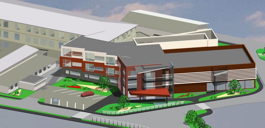 TRIJOS STĀVOS. Tāda varētu izskatīties vidusskolas piebūve ēkai Aizkrauklē, Draudzības krastmalā 5. Tās vizuālo attēlu datorgrafikā veidojis Aiz­kraukles novada pašvaldības galvenais arhitekts Juris Letinskis.