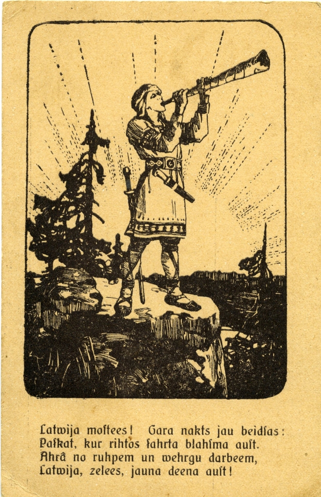 Latvija, mosties! Uzraksts kreisajā pusē liecina, ka pastkarti izdevis Dūnis Valmierā.
Autors: no Aizkraukles Vēstures un mākslas muzeja arhīva