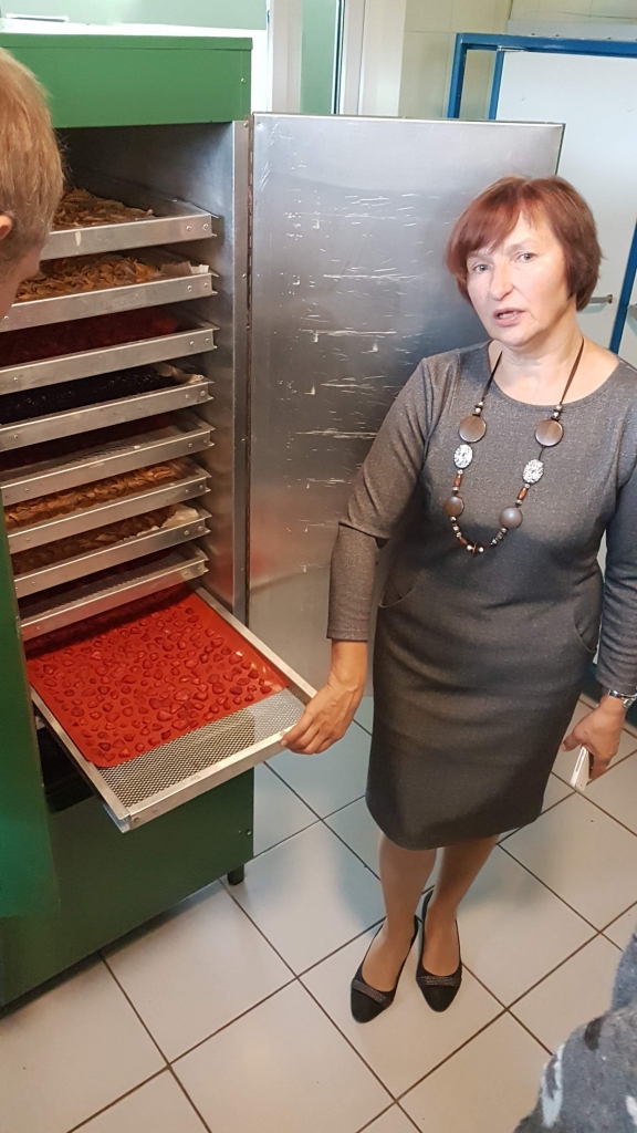 Top zemeņu sukādes. Dobeles Dārzkopības institūta vadošā pētniece Dalija Segliņa izrāda augļu, ogu un dārzeņu apstrādes iekārtas.