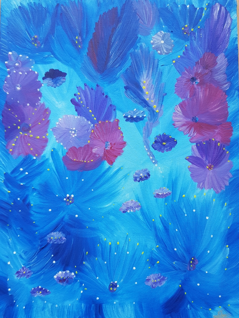 DĀVANA SKOLOTĀJAI. Līnas Dzērvānes glezna meitas skolotājai, kurai zilā ir mīļākā krāsa.
Autors: no Līnas Dzērvānes albuma