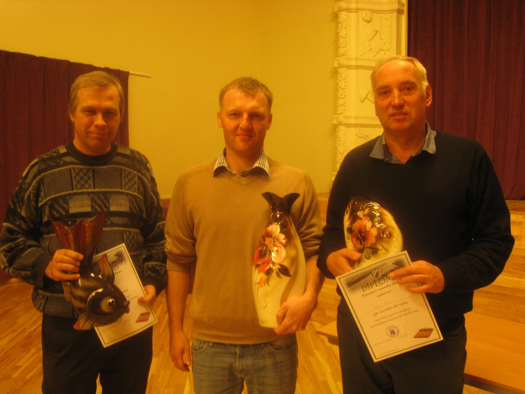 2018. gada Pļaviņu pilsētas ceļojošā kausa izcīņas kopvērtējuma pirmais trijnieks —  Ivo Saksis (no kreisās), Andris Ručs un Uldis Melderis.
Autors: Jāņa Spārniņa foto