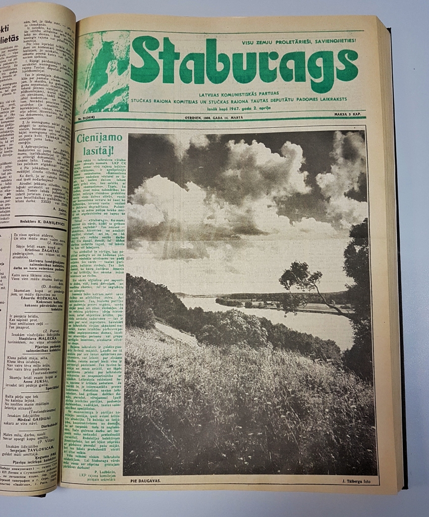 Pirmais numurs. Laikraksta jaunās “galviņas” “Staburags” autors bija mākslinieks Jāzeps Kazimirovs, fotoattēla autors — Jānis Tālbergs.