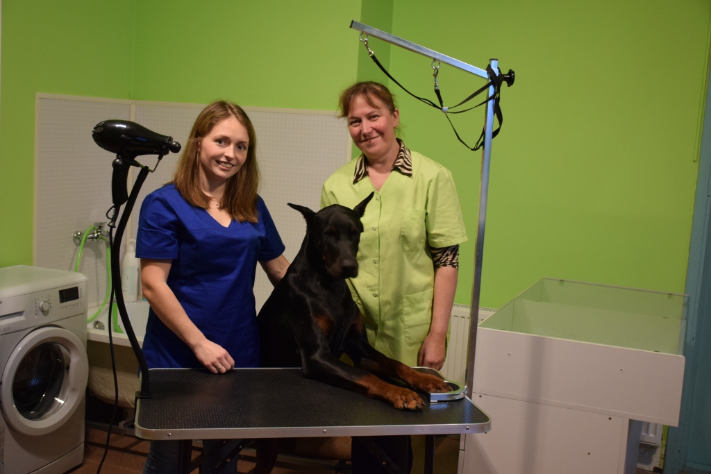 VEIKSMĪGA SADARBĪBA. Madara (no kreisās), Ludmila un Faktors dzīvnieku frizētavas telpā.