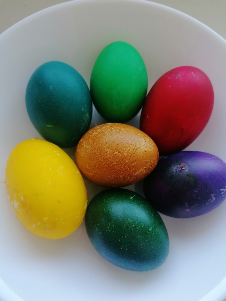 Eksperiments. Veikalā nopērkamo olu krāsu rezultāts — baltās olas ir košākās krāsās, tomēr visām ir neregulārs pigments un krāsu grumbulīši.