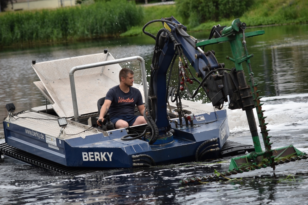 PĻAUJ NIEDRES. Aizkraukles dīķī niedres pļauj, izmantojot divas šādas amfībijas.