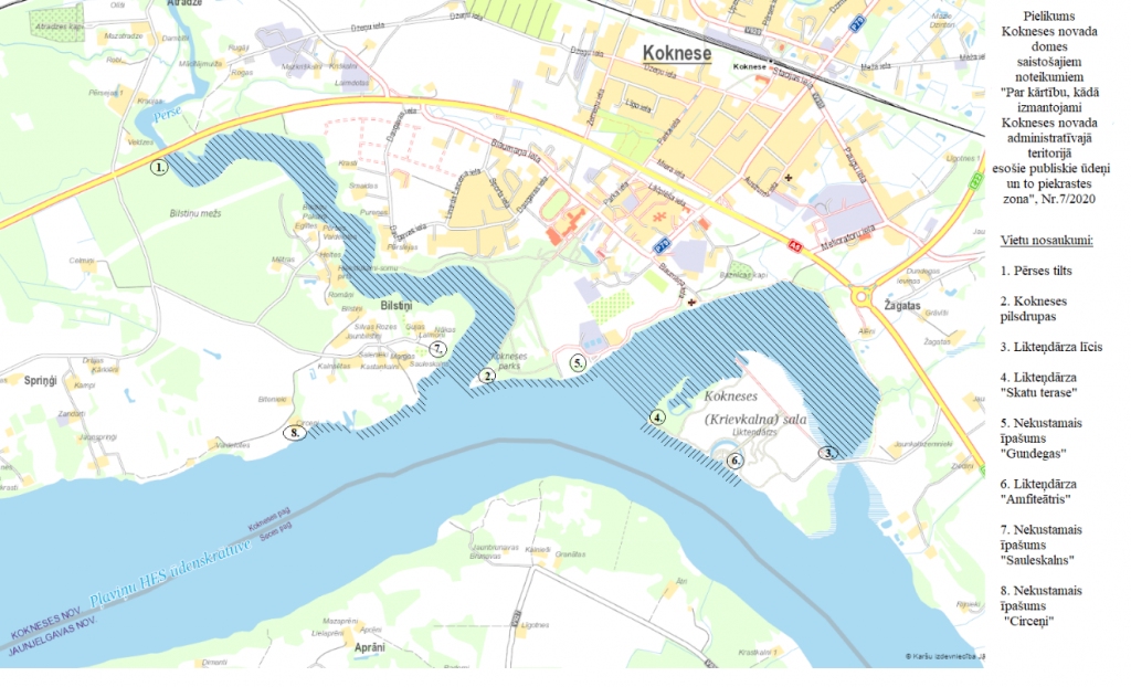 Ar svītrojumu iezīmētas zonas Pērsē un Daugavā, kurās noteikti kuģošanas ierobežojumi.