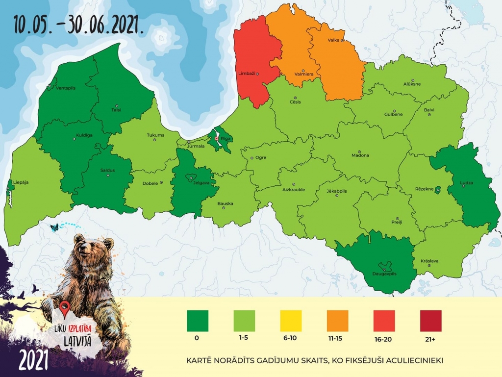 Facebook.com lapā “Lāču izplatība Latvijā” publicēta karte ar novēroto lāču gadījumu skaitu no 2021. gada 10. maija līdz 30. jūnijam. Tajā skaitā lācis fiksēts kamerā pie barotavas, atrastas lāču pēdas vai dzīvnieku redzējis aculiecinieks. Svarīgi atzīmēt, ka kartē norādīts gadījumu skaits pa reģioniem, nevis lāču skaits (nevaram apgalvot, ka katrs novērotais gadījums ir unikāls —līdz ar to kartes dati uzrāda tikai novēroto gadījumu daudzumu konkrētā laika periodā).