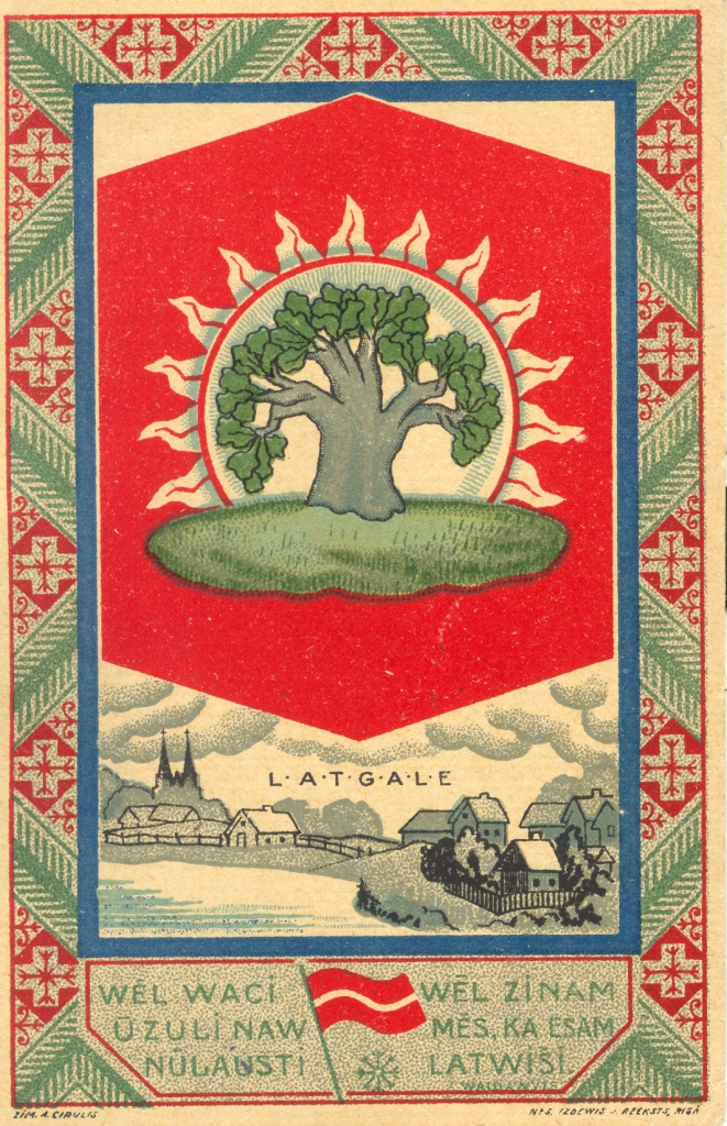 SVĒTKU NOSKAŅĀS. Jāņa Rieksta 1918. gada decembrī izdotā pastkarte ar Anša Cīruļa zīmējumu un Vaidavieša citātu.
Autors: no Māra Loca kolekcijas